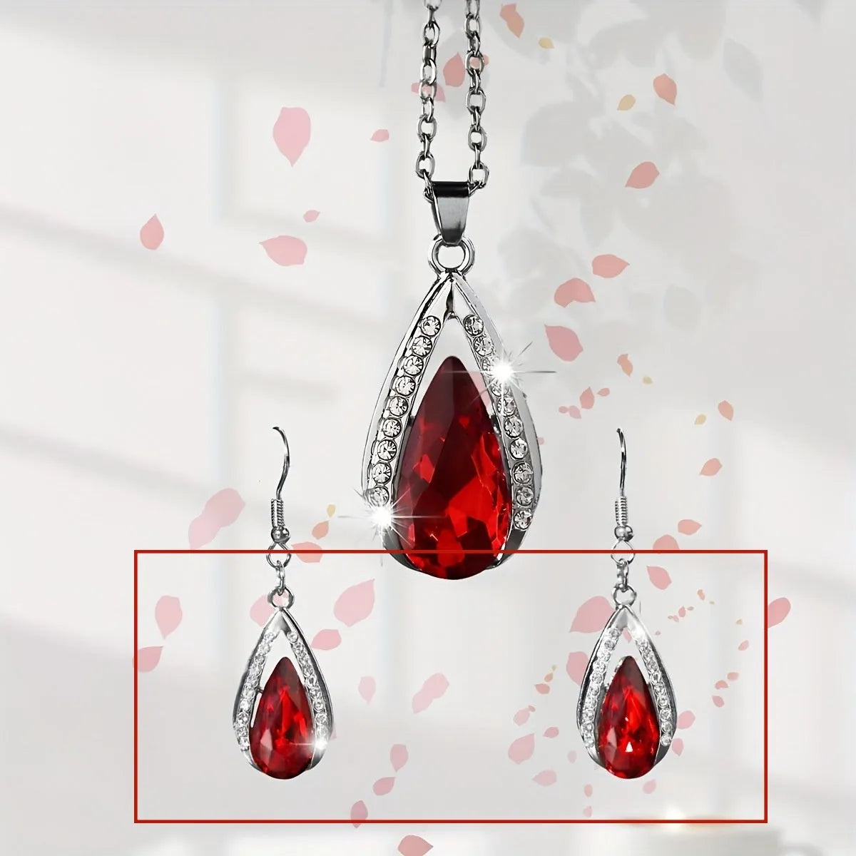 Black and red alloy teardrop glass pendant necklace and matching earrings set