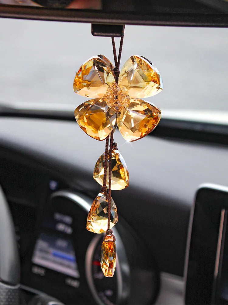 Genuine crystal four leaf grass car interior pendant measuring approximately 20cm for vehicle decoration