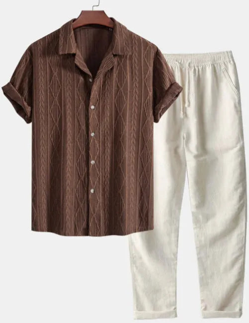 Men's slim fit casual suit set with digital camouflage print on short sleeve shirt and matching trousers