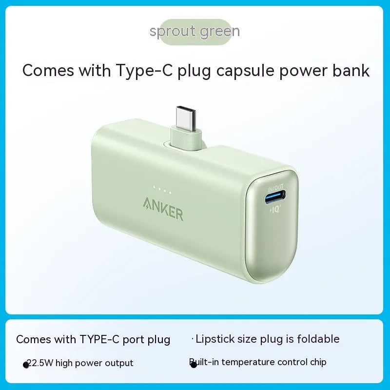 Small capsule-shaped power bank in multiple colours with a foldable USB-C cable.