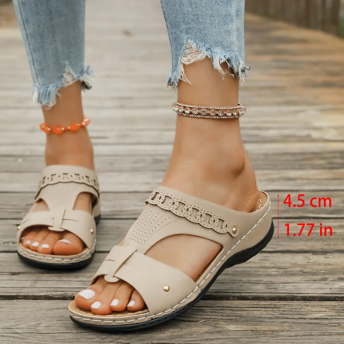 Women's Roman style slippers with slope heel and fish mouth toe design in PU upper and rubber sole