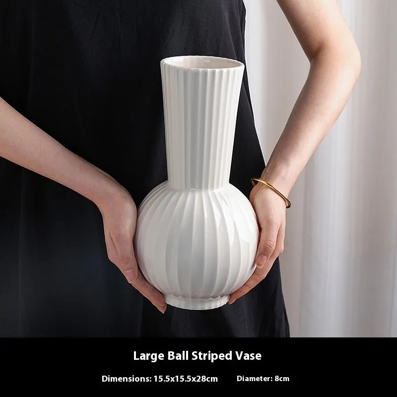 White American striped ceramic ball vase for living room decoration with orchid stem options