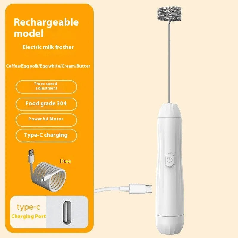 Mini handheld USB rechargeable milk frother in black, white, and khaki colour options