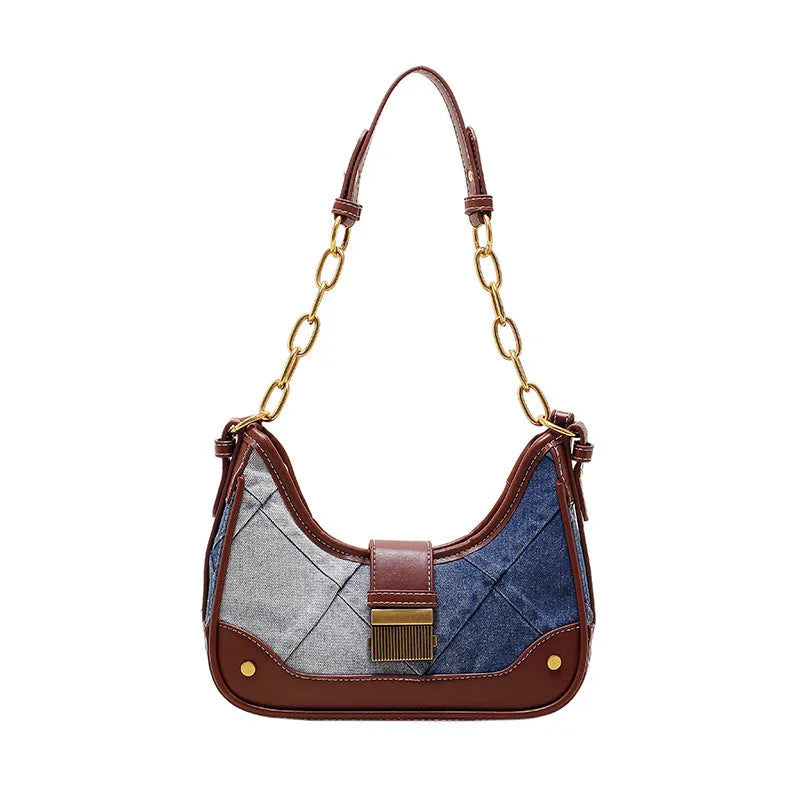 Brown denim women's shoulder bag with diamond mesh panel and chain strap showing bucket shape