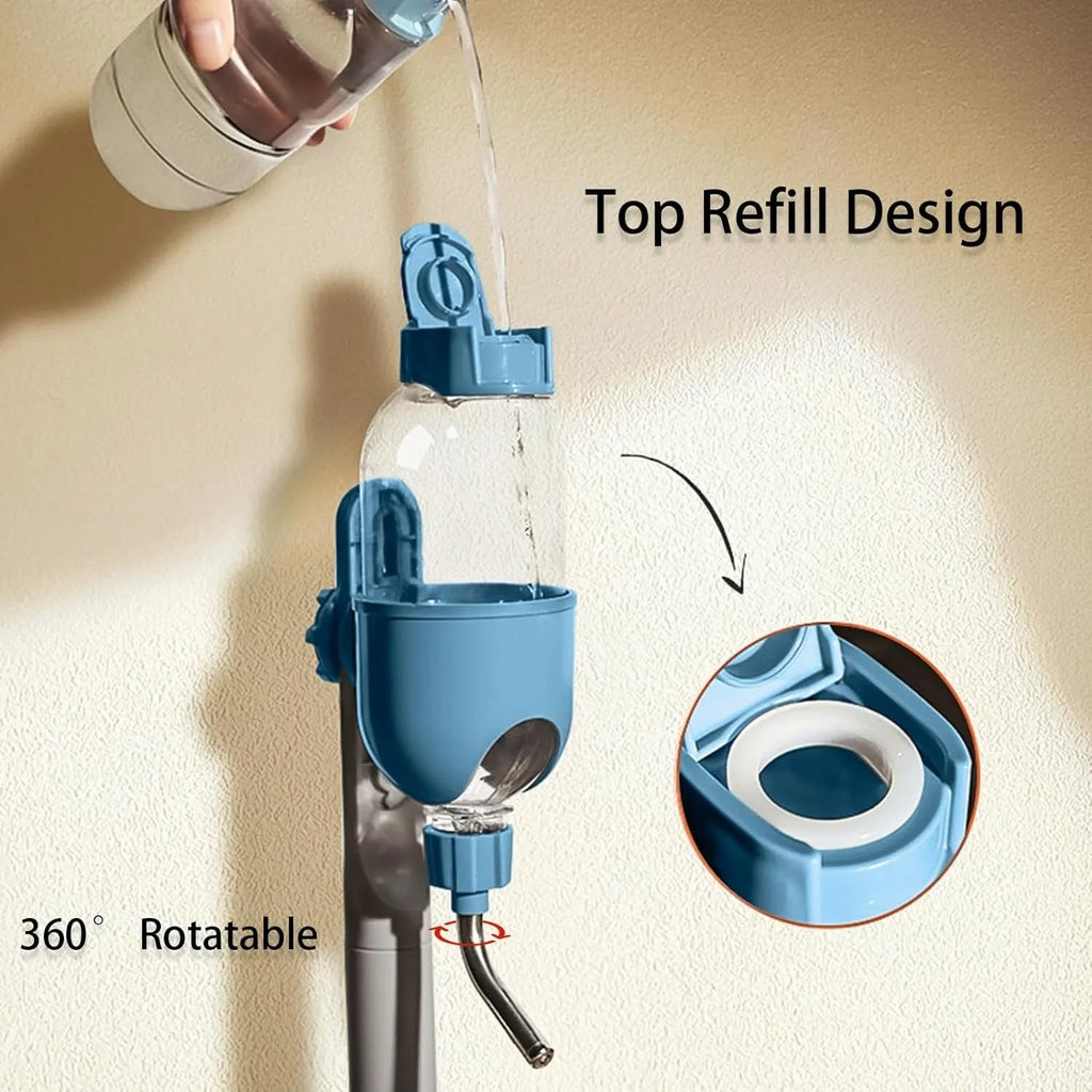 Blue small animal cage water bottle with rotatable nozzle and metal clip for rabbits and guinea pigs.