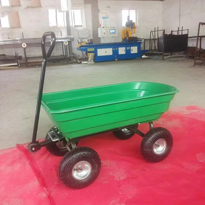 Green four-wheel plastic dump truck with steel PP body for garden material transport