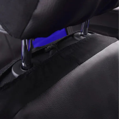 Artificial leather car seat cover set in black, showing front seat and headrest covers with hook fasteners.