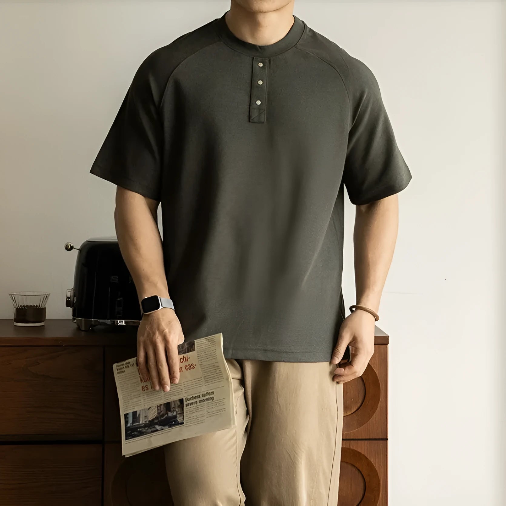 Casual loose top with raglan sleeves in terry texture fabric showing smoky grey colour option