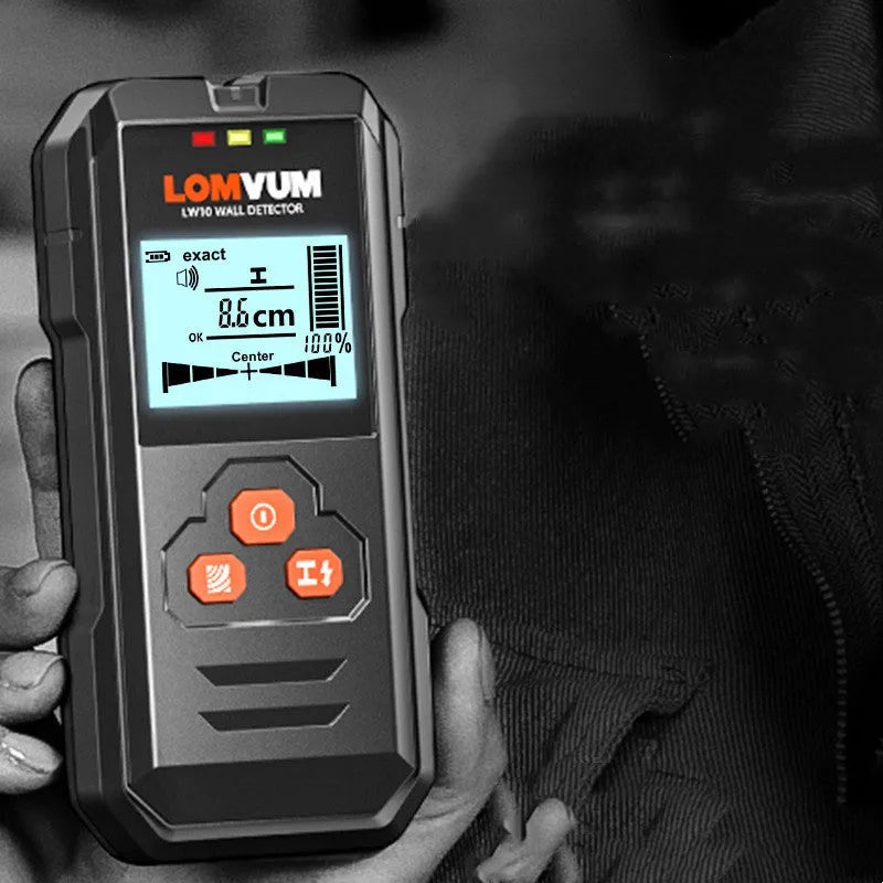 Handheld multifunctional wall detector for finding metal, wires, and wood studs behind walls.