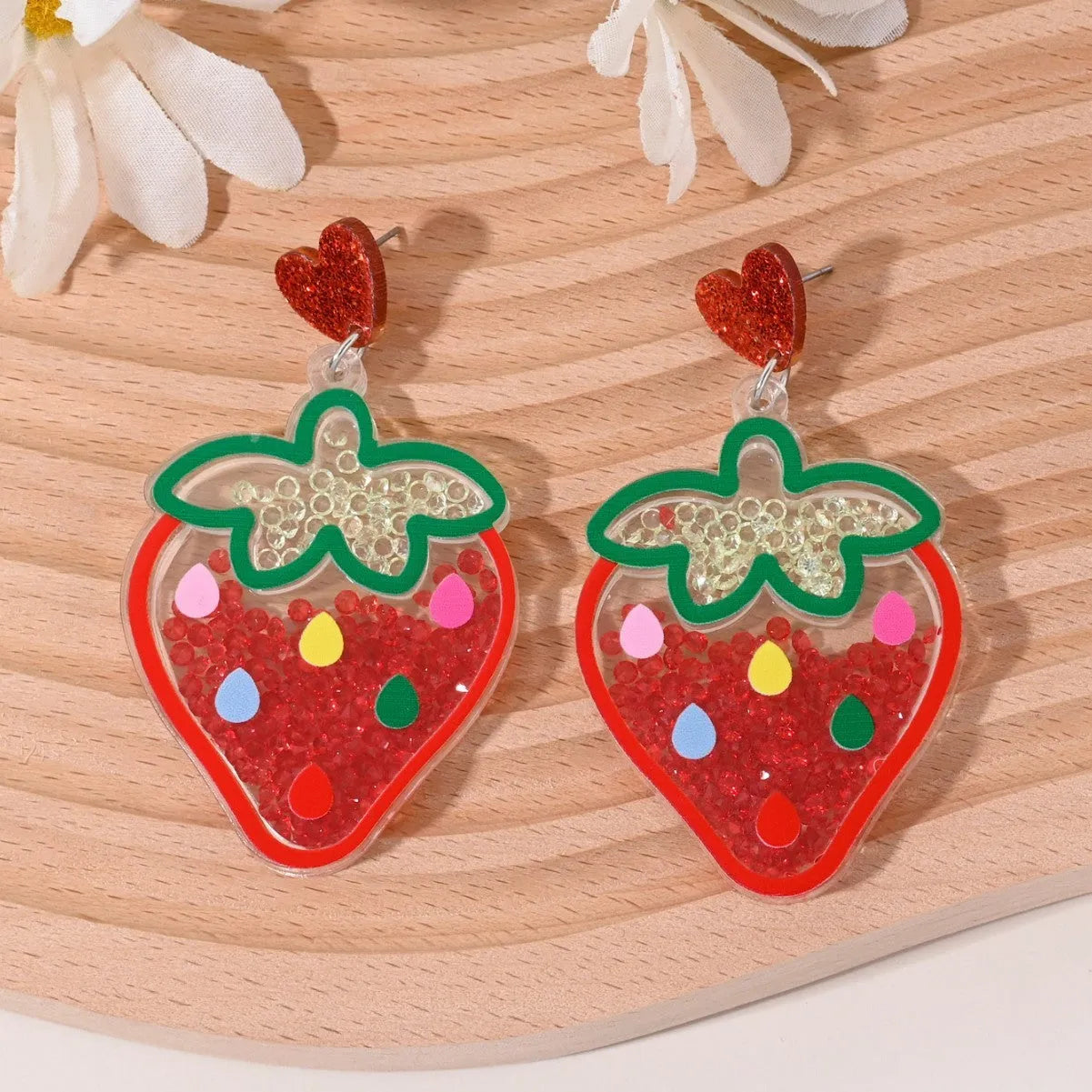 Women's acrylic earrings with cherry, strawberry, watermelon, pineapple, coconut tree, cake and ice cream charms.