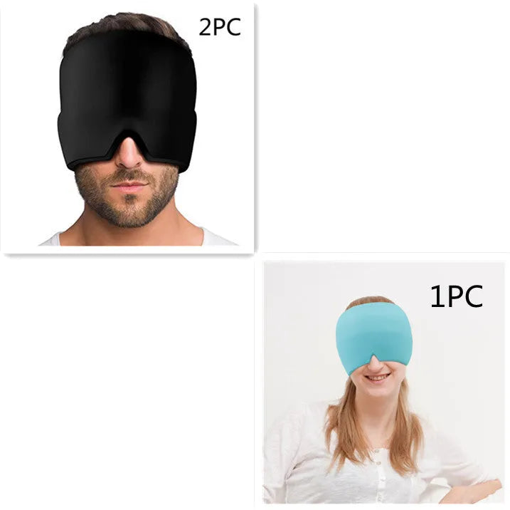 Black adjustable cold compress gel eye mask for headache relief on a plain background.