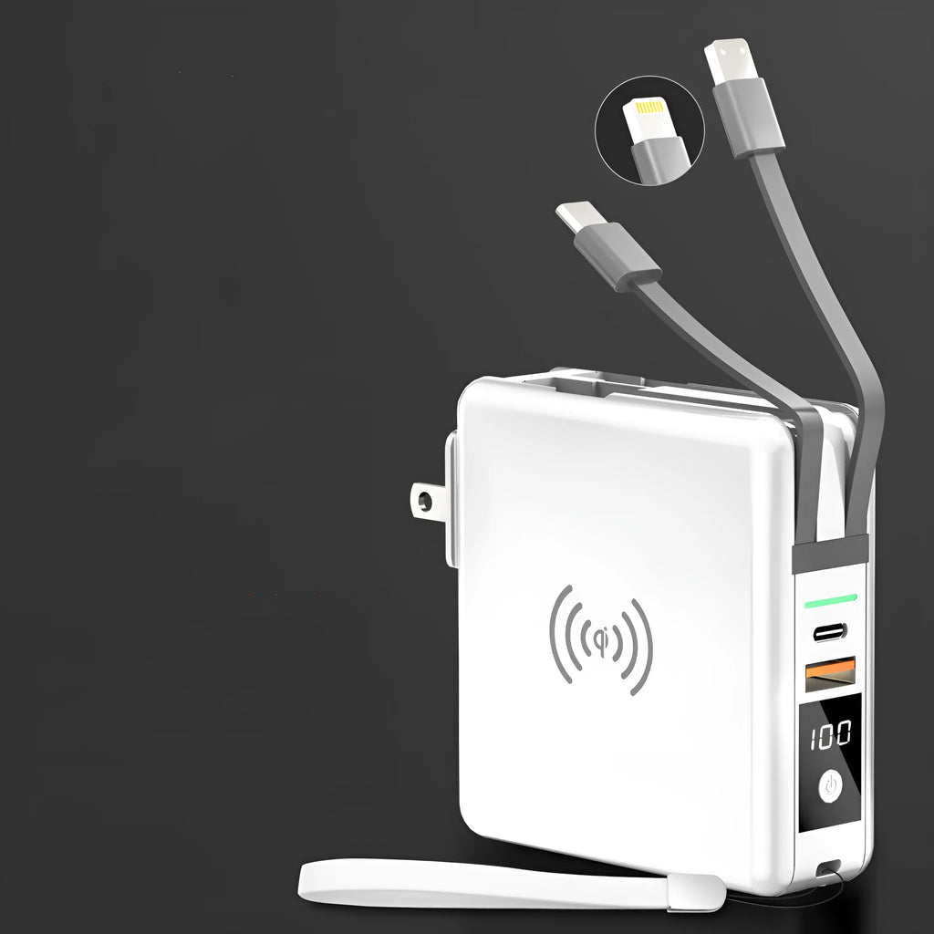 Black and white Super QI wireless charging power bank with integrated plug and international adaptors.