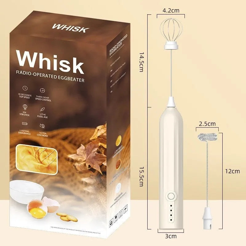 Mini handheld USB rechargeable milk frother in black, white, and khaki colour options