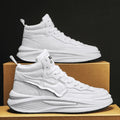 Men's black and white high-top platform board shoes with round toe on a white background