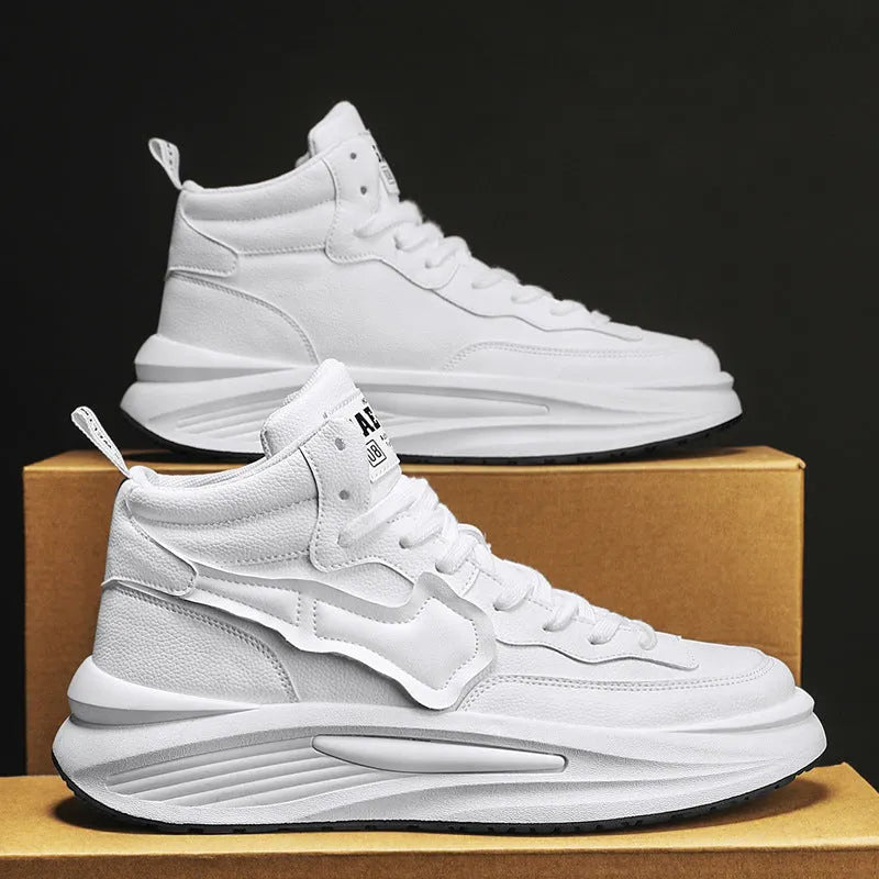Men's black and white high-top platform board shoes with round toe on a white background