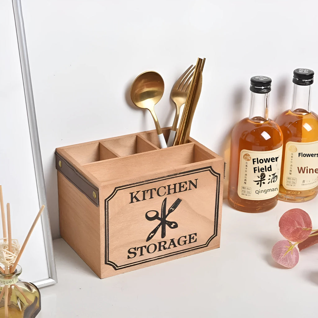 Solid wooden kitchen storage box with internal grid divider for knives, forks, and chopsticks.