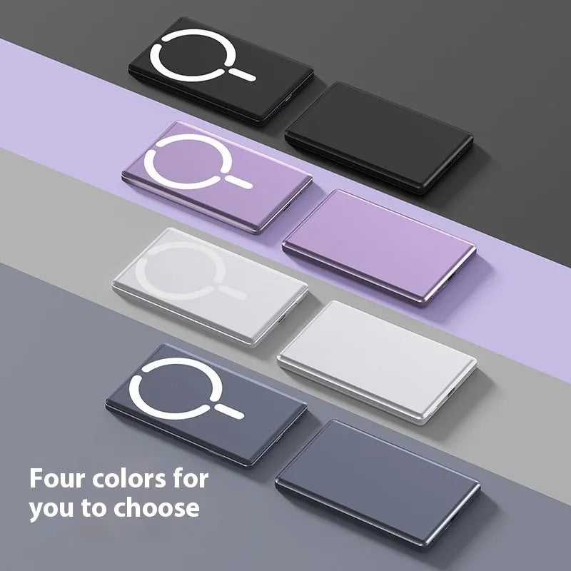 Ultra-thin magnetic power bank with alloy shell in dark gray colour showing compact 105x66mm dimensions