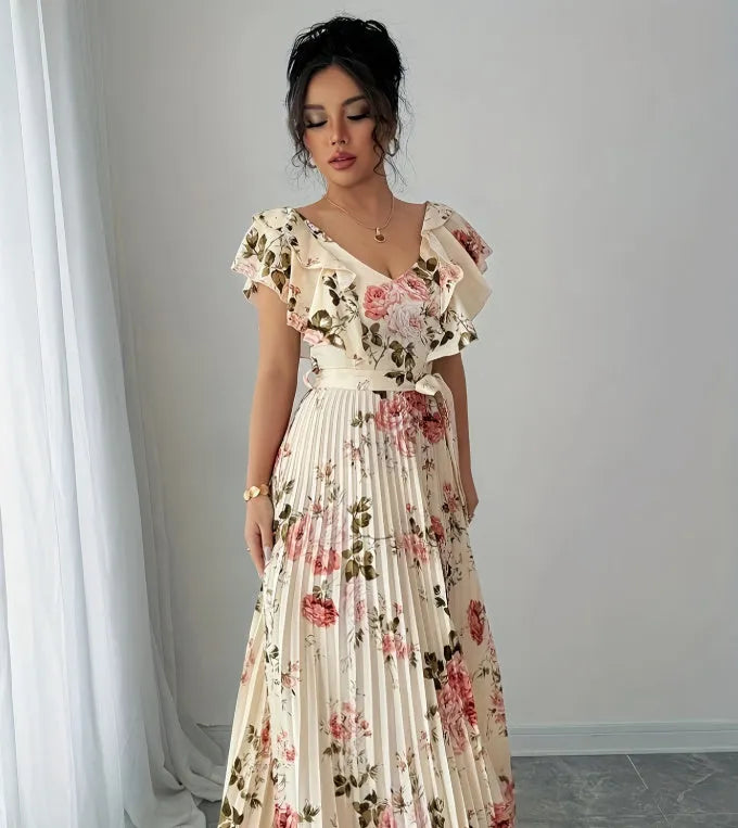 Apricot floral print dress with V-neckline and ruffled sleeves