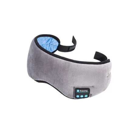 Black Bluetooth sleep eye mask with integrated small earphones showing head-mounted design
