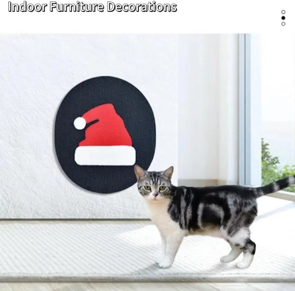 Vertical wall-mounted cardboard cat scratch pad with decorative print on wall