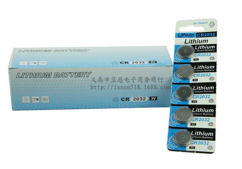 CR2032 3-volt lithium button cell battery on a card, showing its 20mm diameter and silver colour.