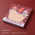Christmas sticky notes book showing cartoon designs of Elf, Gift, Sled, Ball, Santa, House, Bear, and Snowman