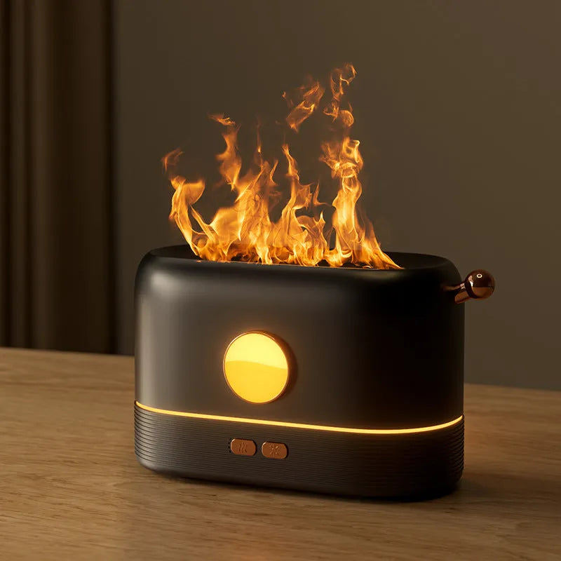 Black simulation flame USB humidifier with 200ml tank on a desktop showing mist and light effect