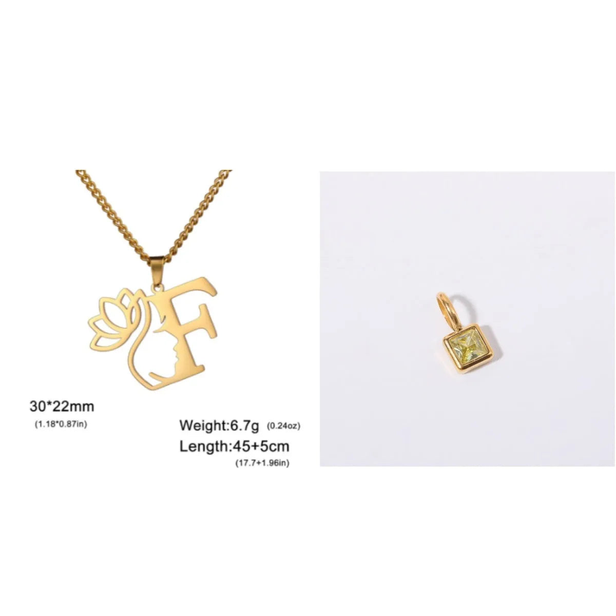 Stainless steel necklace with cross chain design and single letter pendant in gold or silver electroplated finish