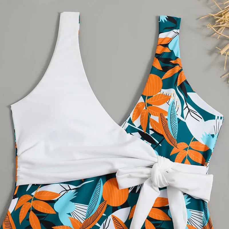 Women's high-waist one-piece swimsuit with printed pattern in polyester fabric