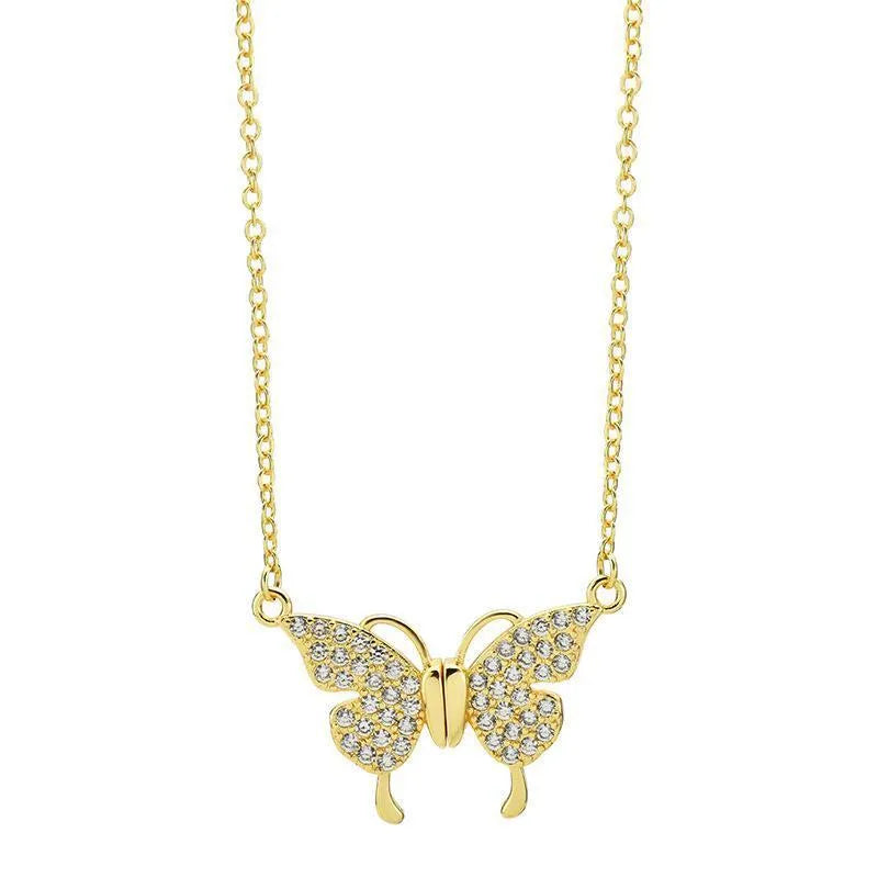 Women's butterfly charm clavicle necklace with twisted chain and magnetic closure in gold or silver titanium steel