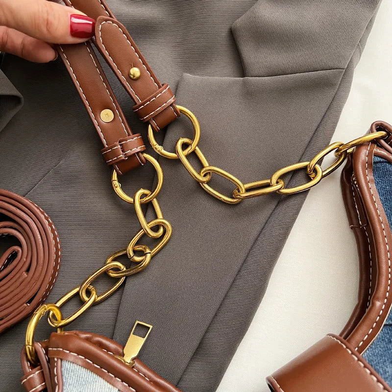Brown denim women's shoulder bag with diamond mesh panel and chain strap showing bucket shape
