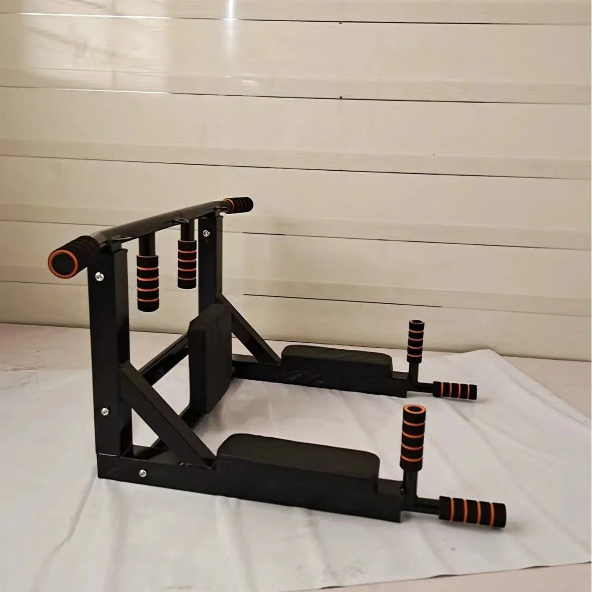 Black steel wall-mounted fitness rack with parallel bars for pull-up exercises