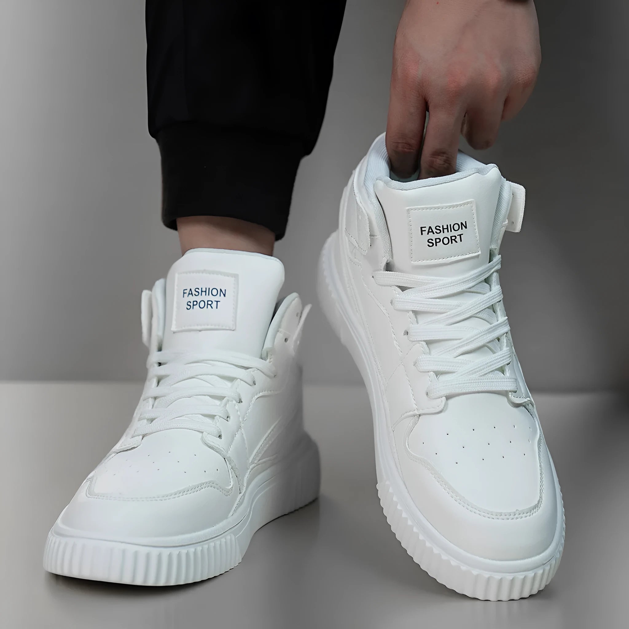 Men's white round-toe casual shoes made from microfiber material.