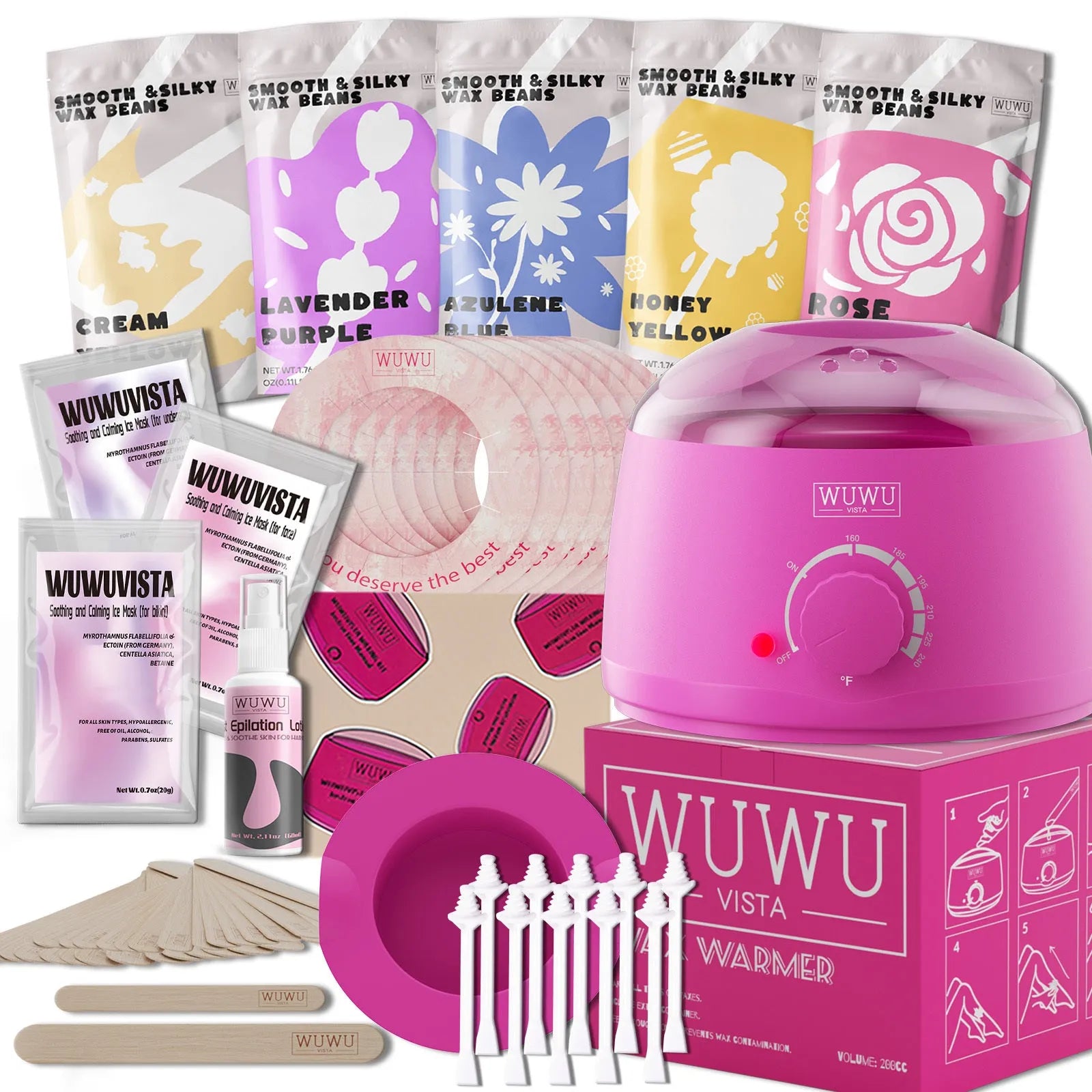 Professional waxing kit with hard wax beans, warmer, five wax variants, and application tools for facial and body hair removal