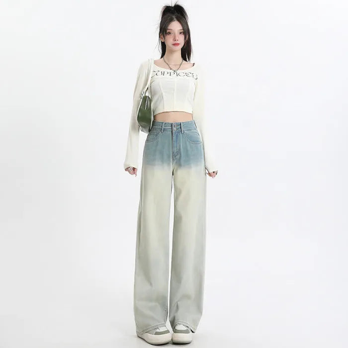 Women's straight-leg cotton denim trousers in a gradient blue colour with a wide leg fit.