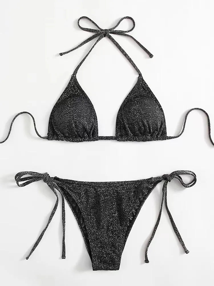 Women's split bandage style bikini swimsuit in polyester fabric with briefs bottom