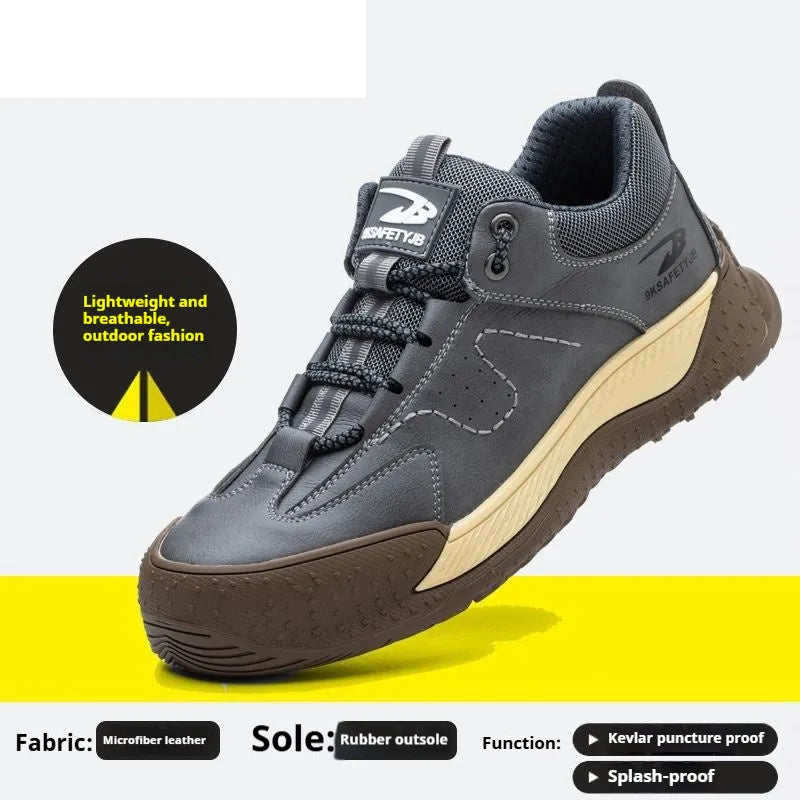Men's Flyknit leather work safety shoes with a rubber sole in black, shown in a side profile.