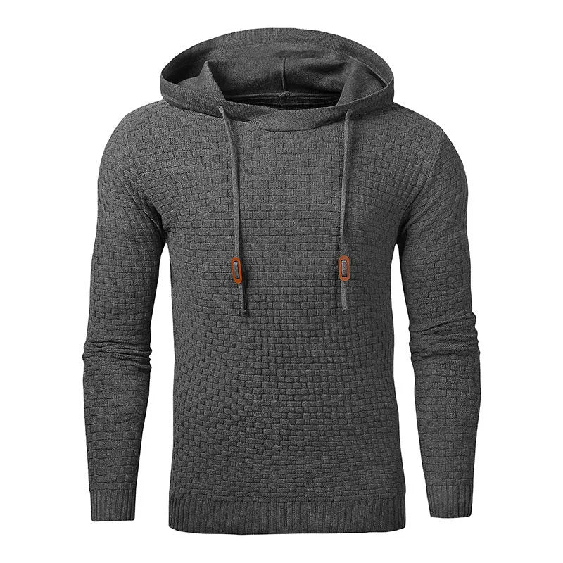 Men's black cotton-polyester blend hooded sweatshirt laid flat, showing front design and hood.