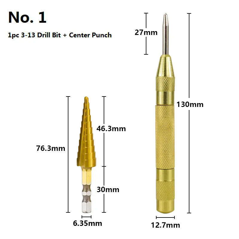 High speed steel cone drill bits and a centre punch arranged in a set, showing colour-coded handles.