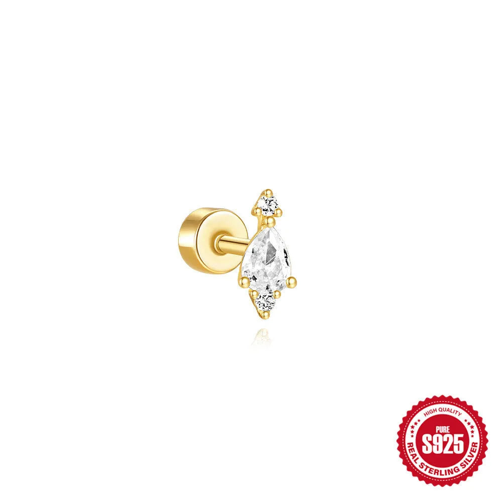 S925 sterling silver flat column geometric ear bone studs with thread detail in a gold colour finish
