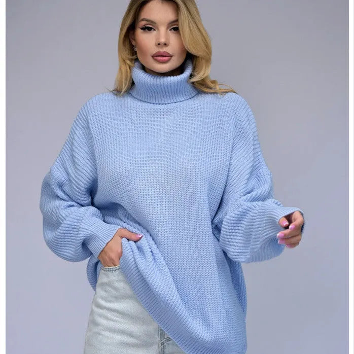 Women's high neck pullover sweater in imitation cashmere with 3D pattern