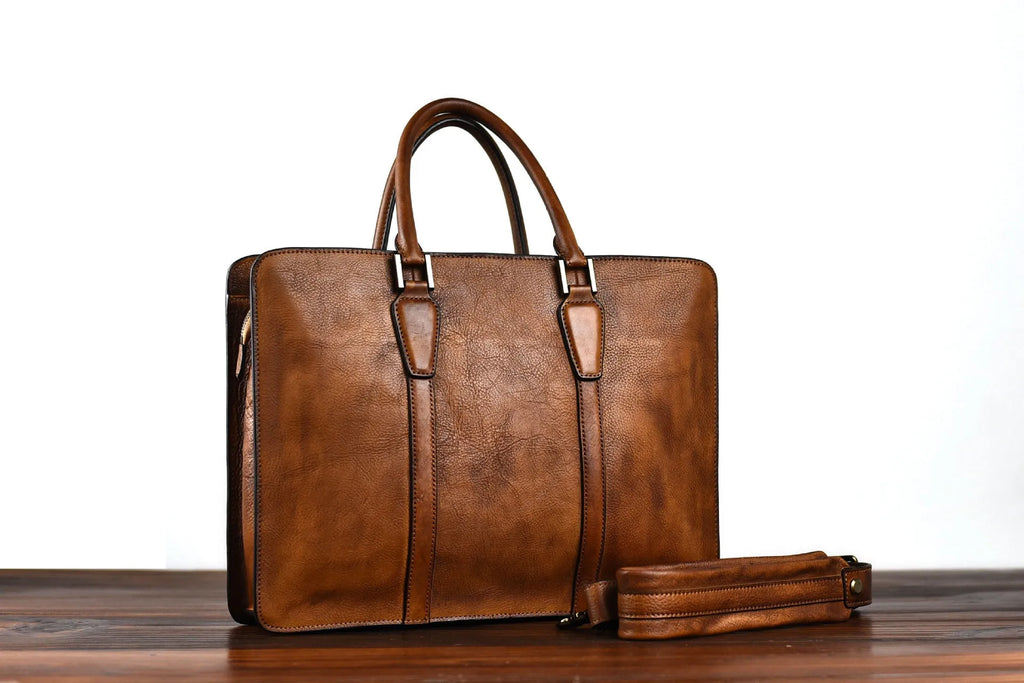 Men's 14 inch horizontal square leather business handbag in khaki or black colour