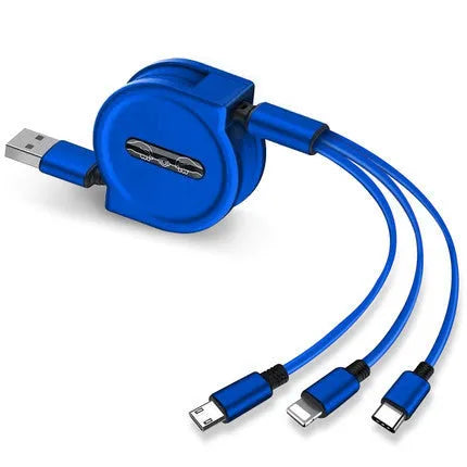 Telescopic charging cable extended to 120cm with 3-in-1 connectors in choice of colours