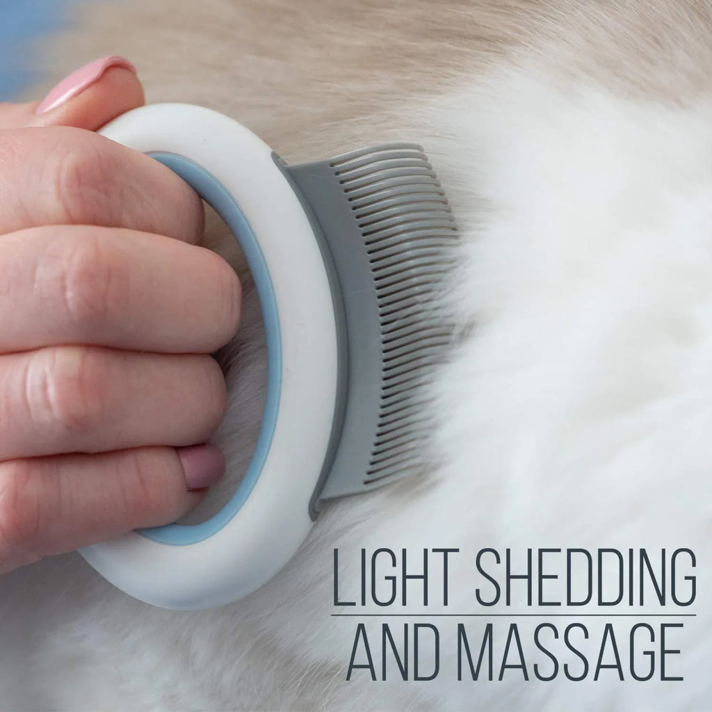 Blue pet grooming comb with ergonomic handle for deshedding and dematting cats and dogs