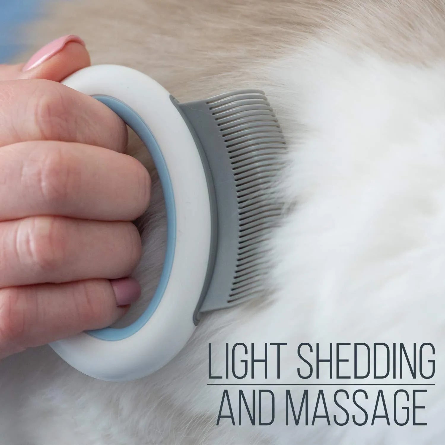 Blue pet grooming comb with ergonomic handle for deshedding and dematting cats and dogs