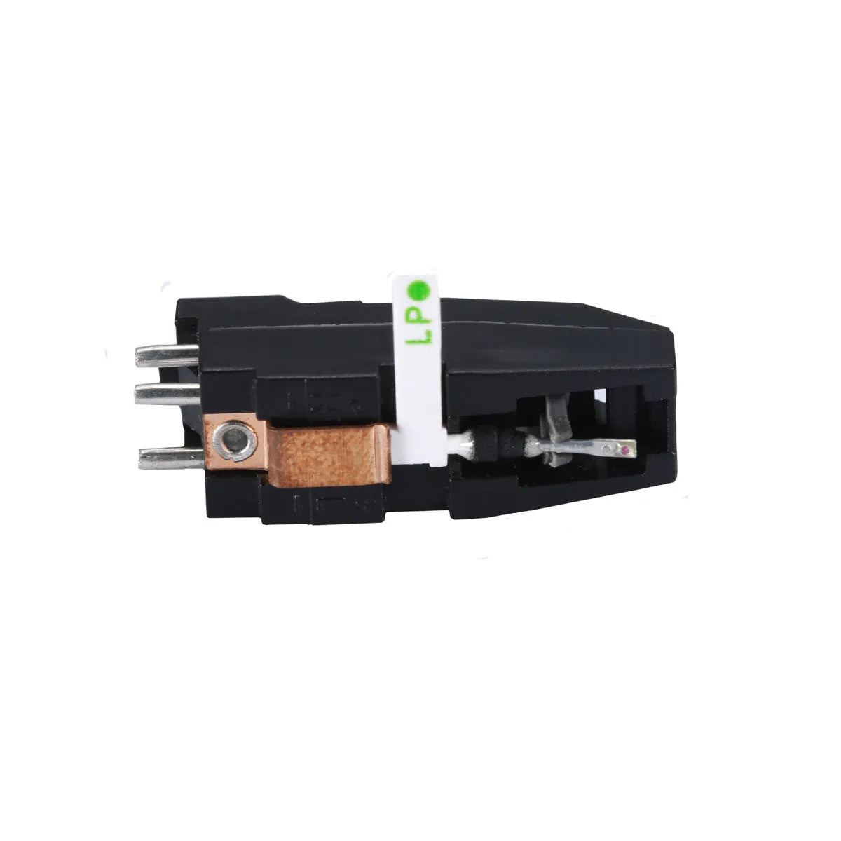Double needle magnetic record cartridge with ABS plastic shell measuring 28mm by 10mm