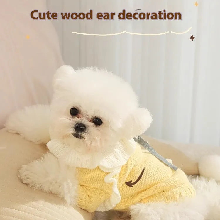 Yellow and patterned acrylic dog sweater shown in sizes for small puppies to 8kg dogs.