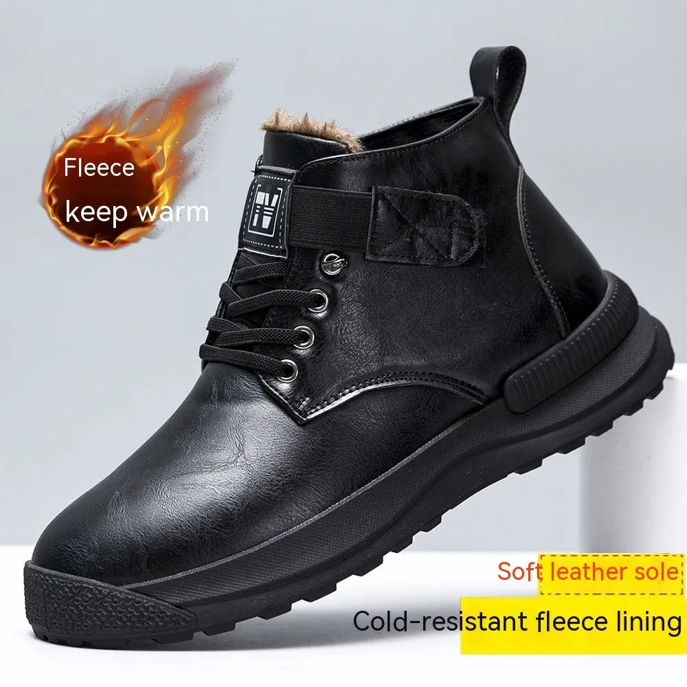 Black and brown high-top platform Martin boots for men with artificial PU uppers and visible stitching detail