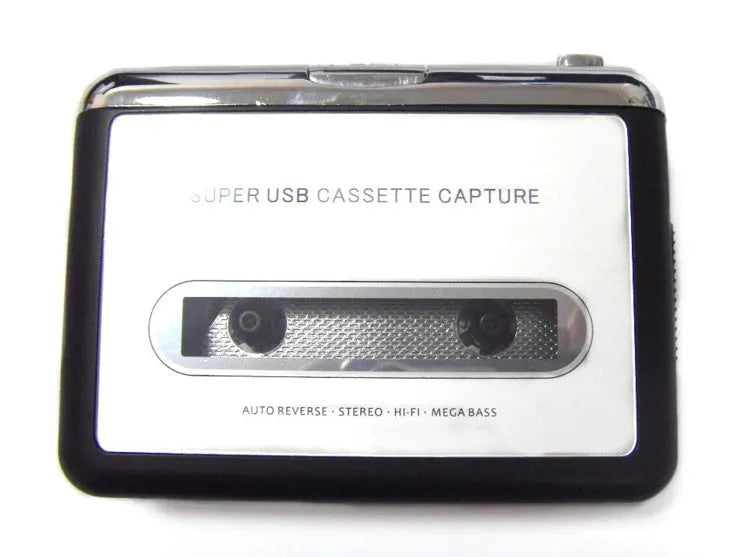 Black USB cassette to MP3 converter device with 80cm cable and headphones for digitising tapes to computer