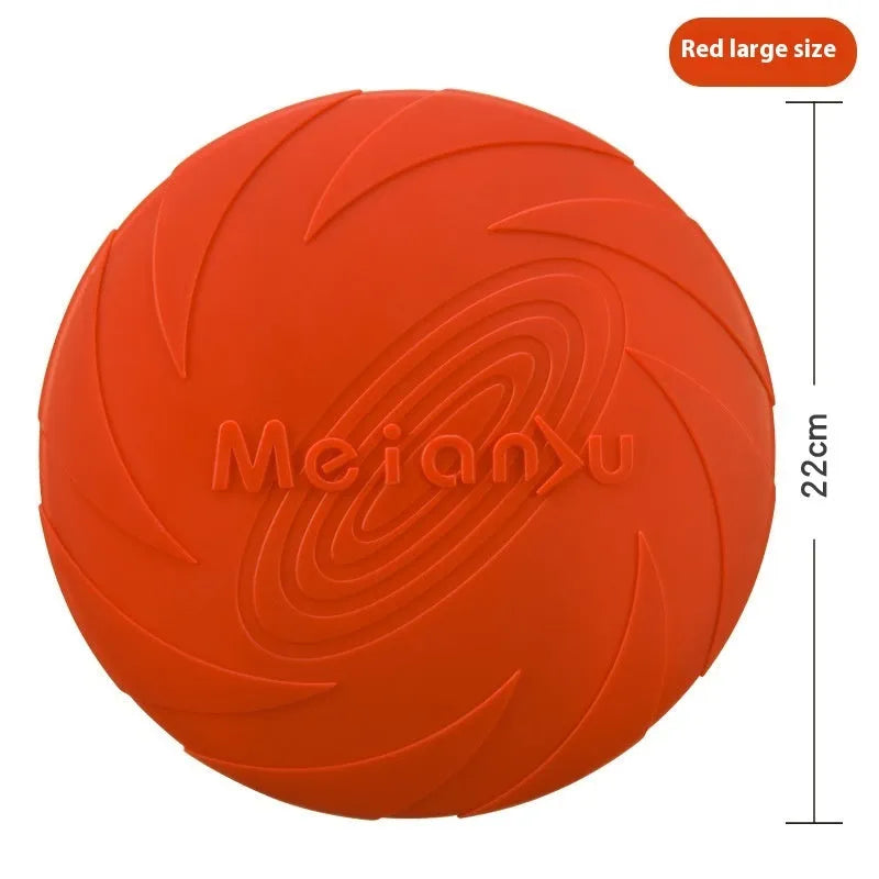 Soft rubber dog frisbee flying disc toy shown in blue, available in small, medium, and large sizes.